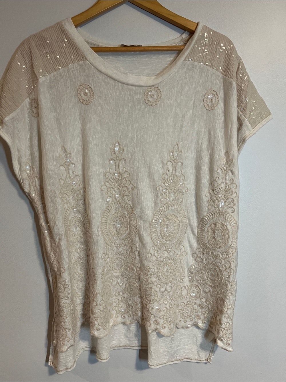 embellished Embroidered Short Sleeve Women’s Top - Cream, 2x